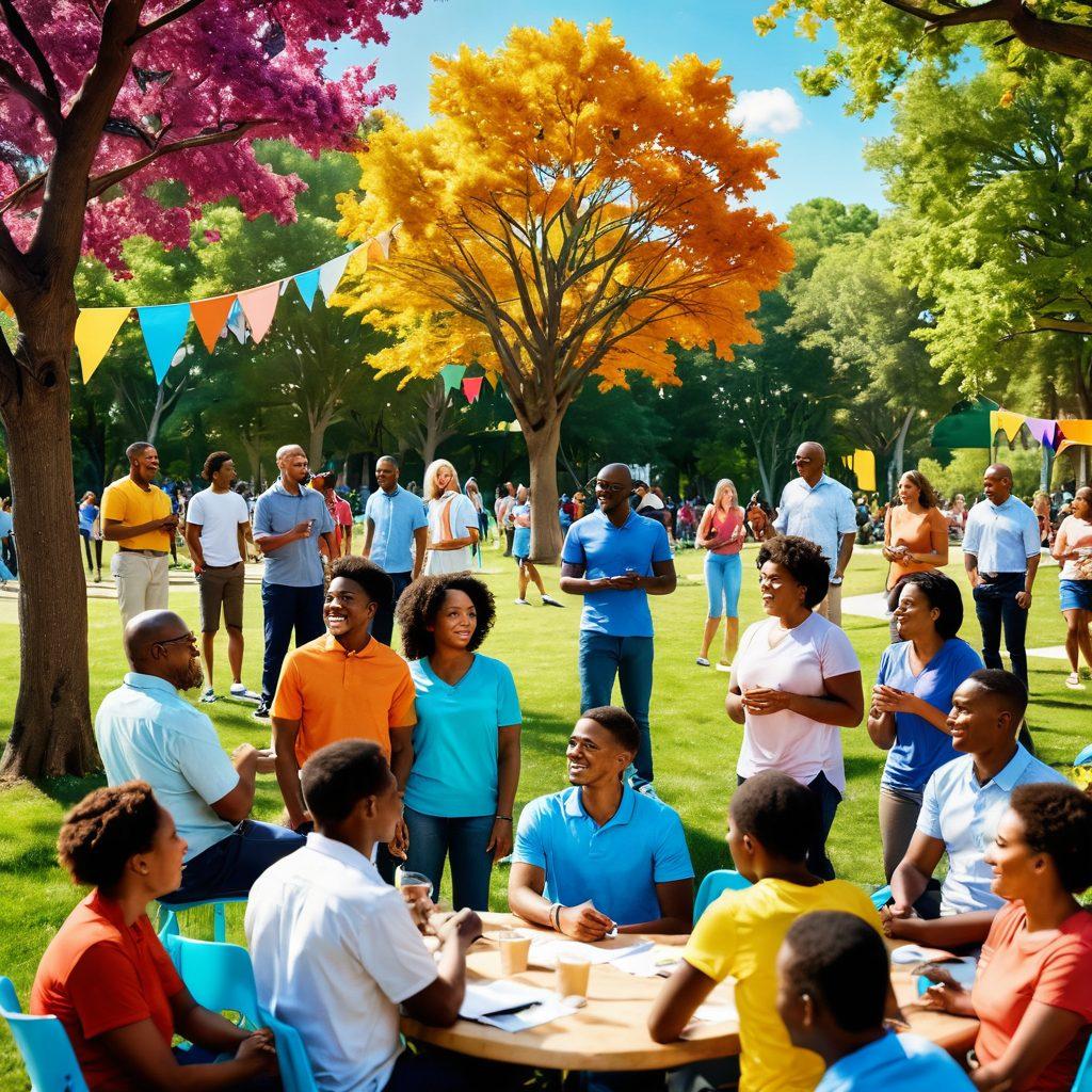 A diverse group of people engaged in a lively community gathering, smiling and sharing ideas, surrounded by colorful banners that symbolize unity and connection. In the background, a sunlit park setting encourages outdoor activities, with trees and flowers enhancing the vibrant atmosphere. Include visual elements like speech bubbles representing conversation and arrows showing connections between people. super-realistic. vibrant colors. 3D.