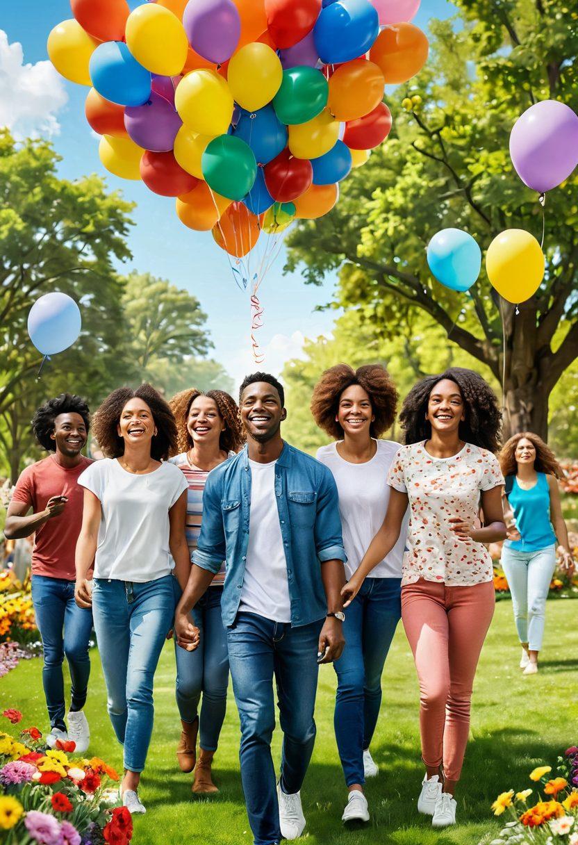 A colorful scene depicting a diverse group of people smiling and engaging in community activities, surrounded by blooming flowers and sunshine. Include elements of joy such as balloons, laughter, and supportive gestures. In the background, showcase a vibrant park with trees and friendly animals, symbolizing a positive mindset. Make it feel welcoming and uplifting. super-realistic. vibrant colors. white background.