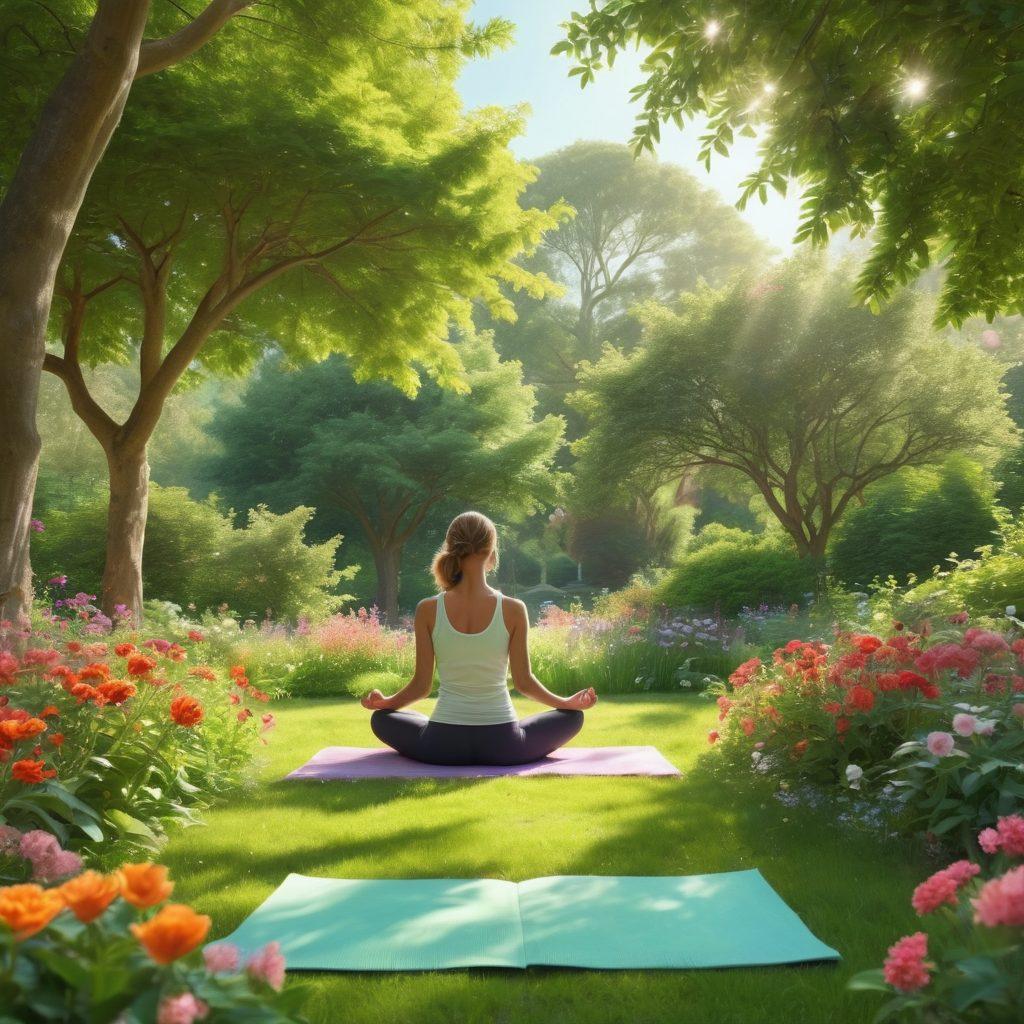 A serene landscape depicting a person meditating in a lush green park, surrounded by vibrant flowers and gentle sunlight filtering through the trees. In the background, a subtle blend of healthy lifestyle elements like yoga mats, fresh fruits, and books about personal growth. This scene radiates calmness and positivity, inspiring viewers to embrace wellness. pastel colors. super-realistic. peaceful atmosphere.